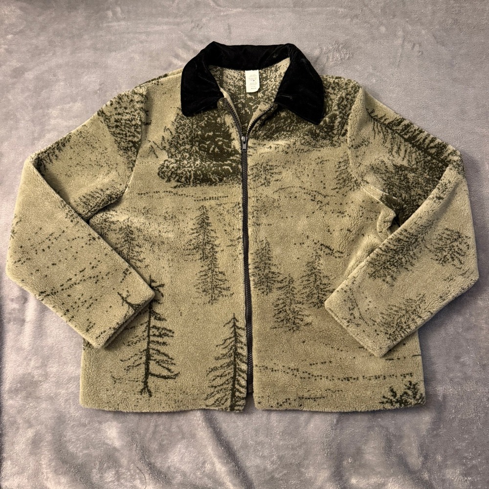 Vintage Sz Medium Pine Tree Forest Fleece Jacket Green Velvet Collar Made in USA